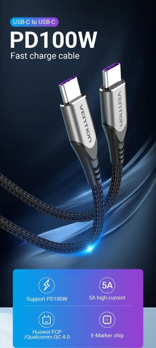 Cable Usb C Trenzado Carga Rapida 100w 5a Premium 1m Vention Negro