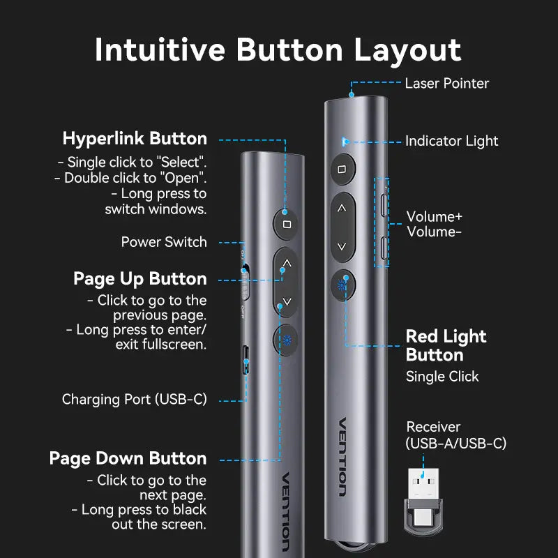 Presentador Inalambrico Puntero Laser Control Remoto Vention Plateado