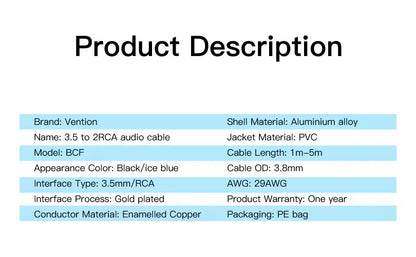 Cable Audio Auxiliar Jack 3,5mm A 2 Rca Macho 2 M Vention