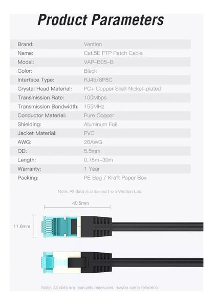 Cable De Red Cat5e Utp Patch Cord 0,75 Metros Rj45 Vention
