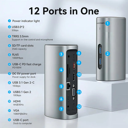 Docking Station 12 En 1 Usbc Hdmi Vga Rj45 Sd/tf Usb Vention