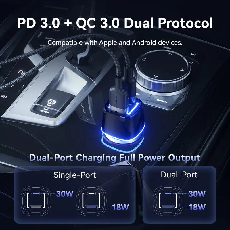 Cargador De Auto Para Celular Usb A + Tipo C - 48w - Vention Negro