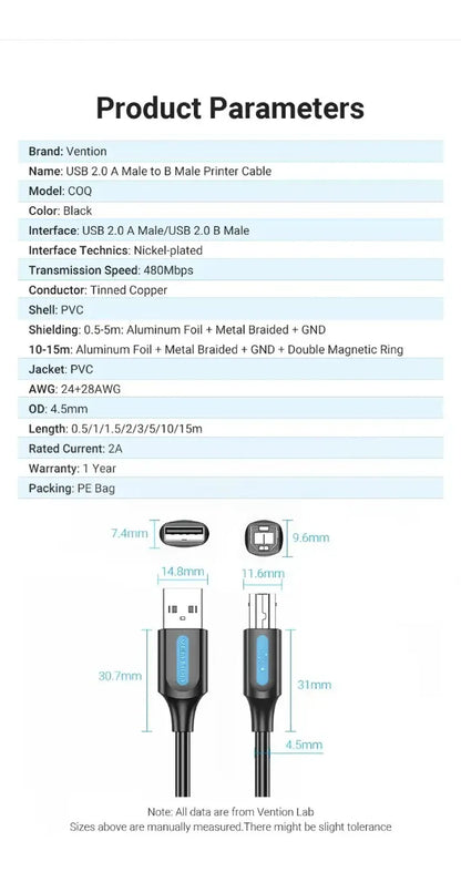 Cable Usb A Usb Tipo B 2,0 De 2 Metros Impresora Vention Negro