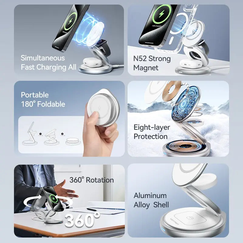 Cargador Inalámbrico 3 En 1 Qi Magsafe 15w Vention Universal Plateado