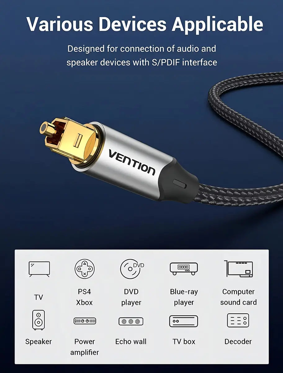 Cable Optico Trenzado Audio Digital Fibra Plug 2m Vention