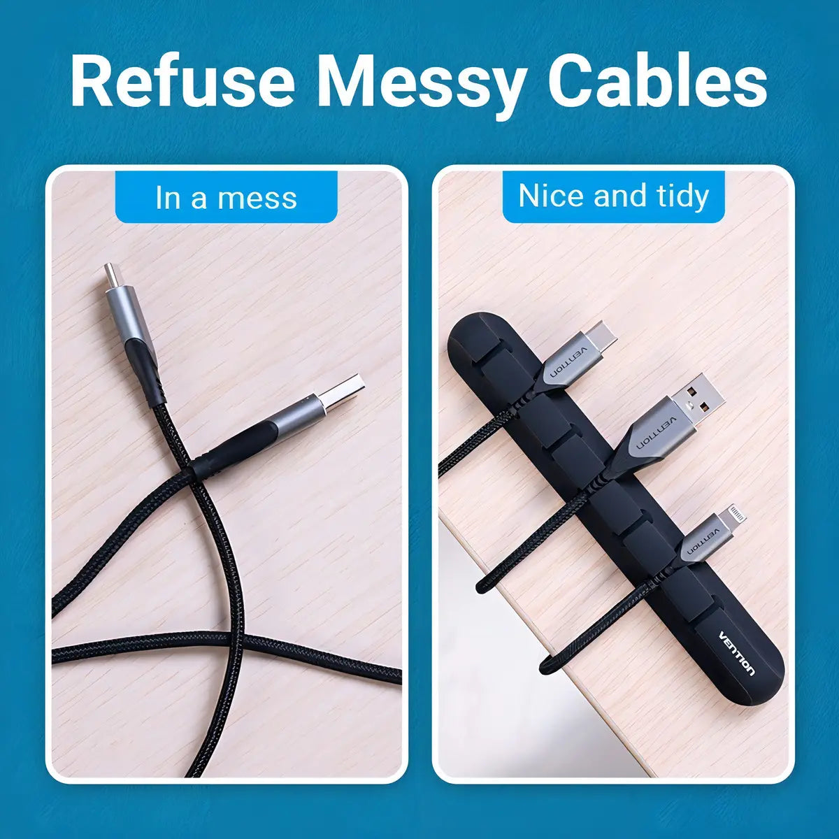 Organizador De 7 Cables Escritorio Con Adhesivo 3m Vention Negro