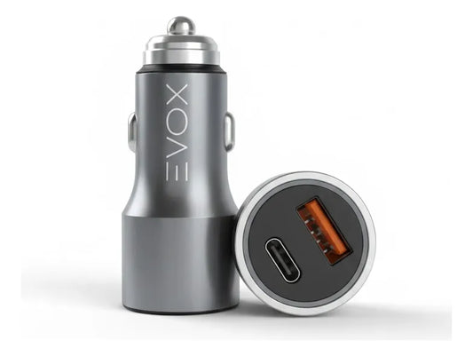 Cargador Celular Auto Evox Carga Rapida 12v Dual Usb + Usb C Gris