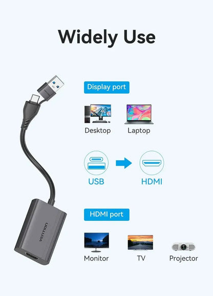 Adaptador Vídeo Usb + Usb C A Hdmi Hembra 1080p 60hz Vention
