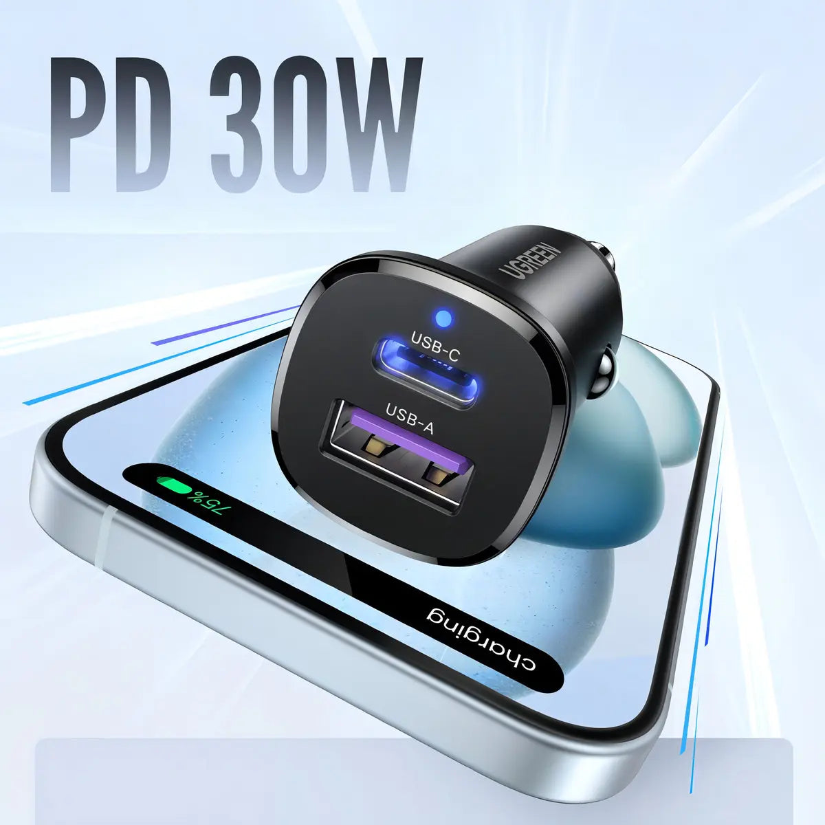 Cargador Para Auto Dual Usb + Tipo C 30w Carga Rapida Ugreen Negro