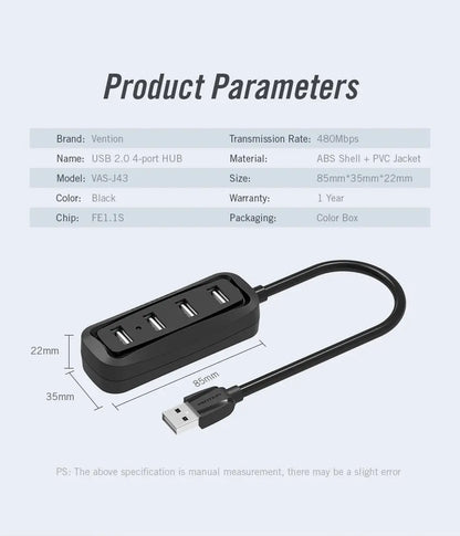 Hub Premium Usb 4 Puertos 2,0 Con Cable 0,5 M Vention Negro