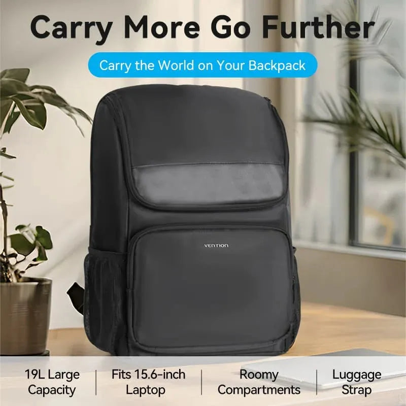 Mochila Porta Notebook Y Laptop 15,6 19 Litros Vention Negro Liso