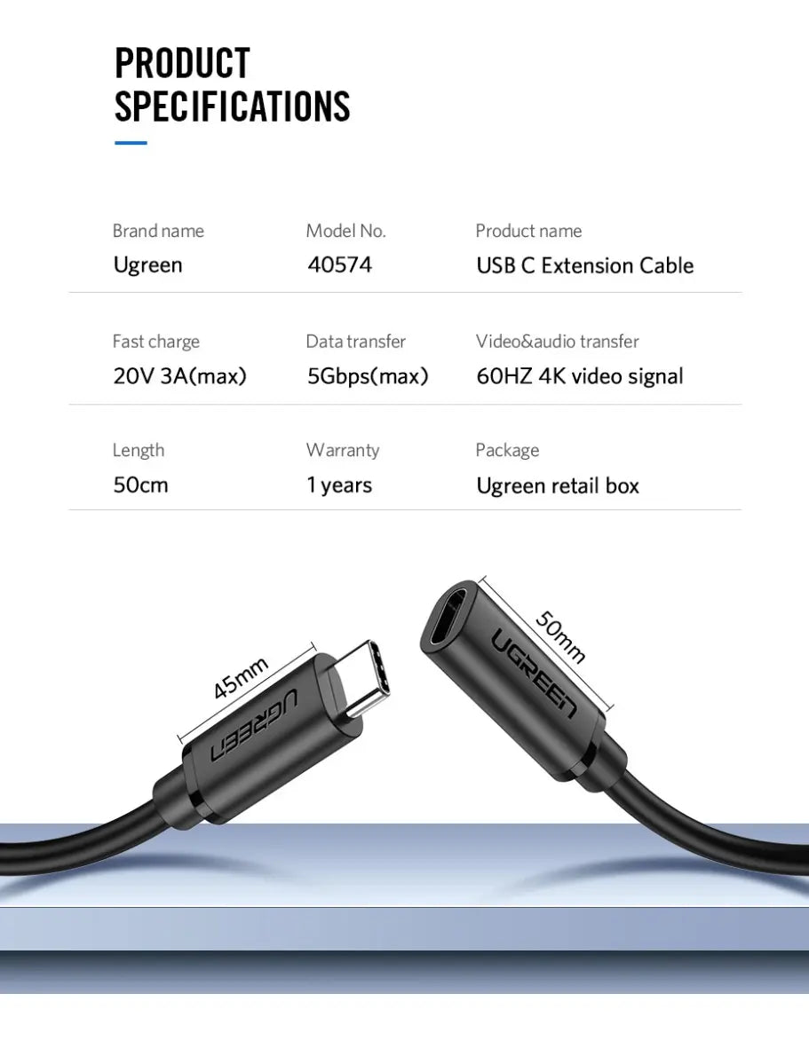 Cable Extensor Usb C Macho A Hembra Adaptador 4k 0,5m Ugreen Negro - 50cm