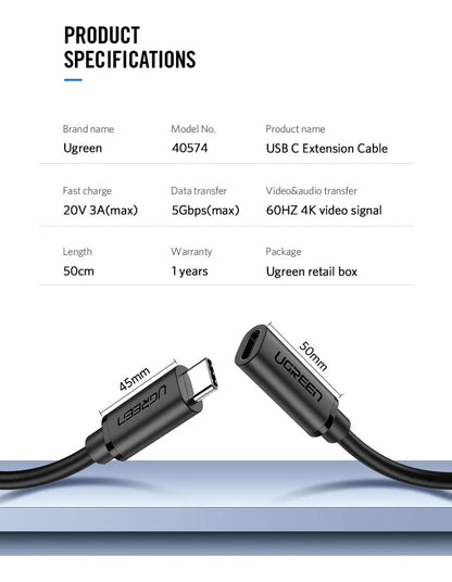 Cable Extensor Usb C Macho A Hembra Adaptador 4k 0,5m Ugreen Negro - 50cm