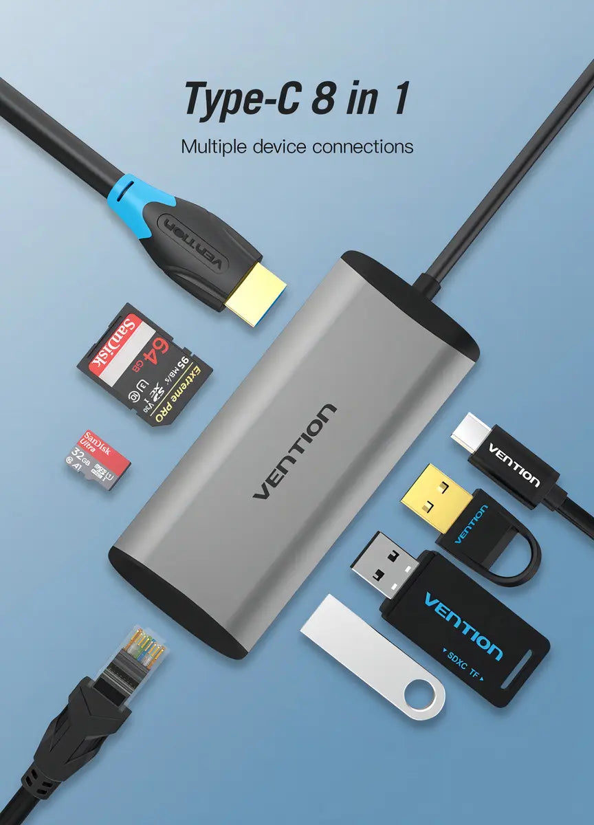 Hub Multipuerto Usb C 8 En 1 Hdmi Rj45 Usb 3,0 Sd Vention Gris