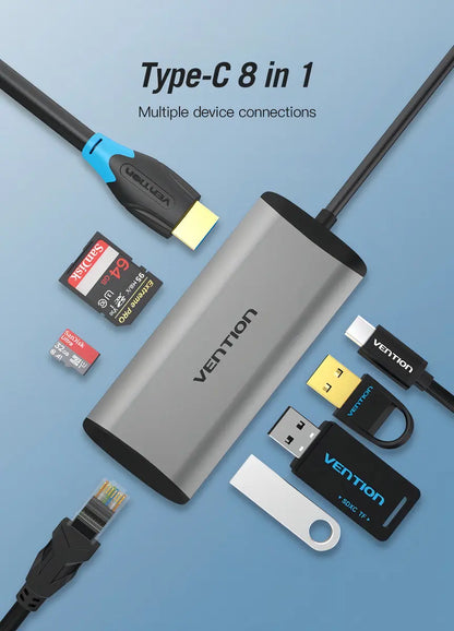 Hub Multipuerto Usb C 8 En 1 Hdmi Rj45 Usb 3,0 Sd Vention Gris