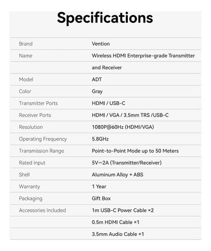 Transmisor Receptor Hdmi Vga Inalambrico 50 Metros Vention Negro