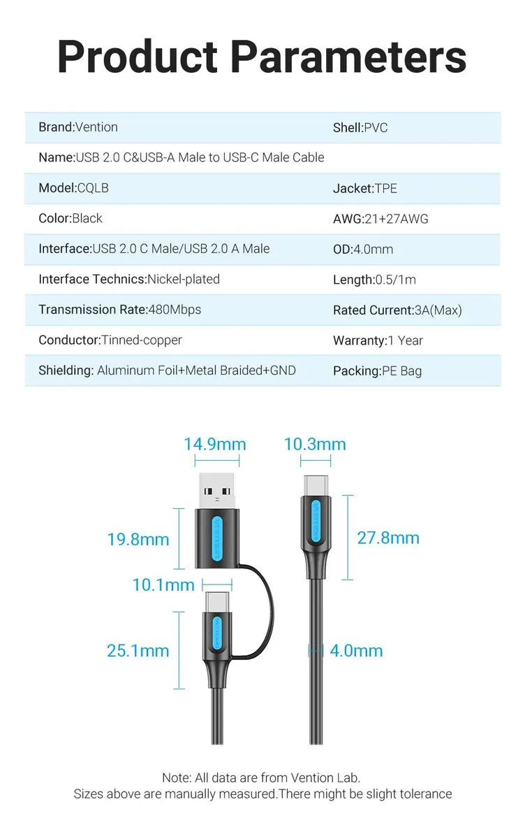 Cable Usb-c + Usb 2 En 1 A Usb-c 3a 60w 20v 1m Vention Negro