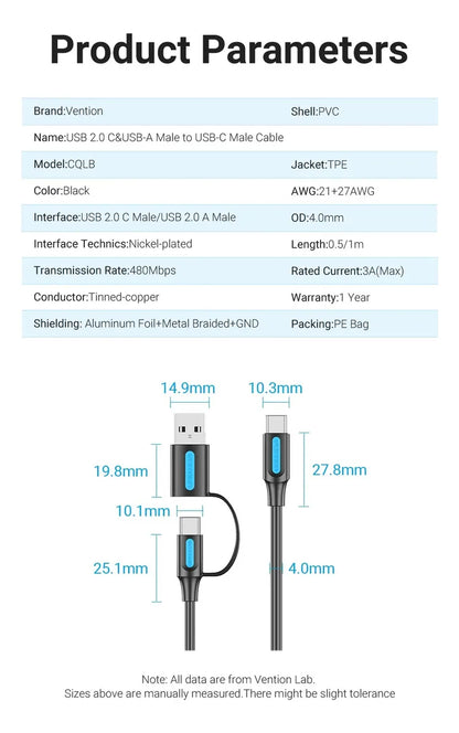 Cable Usb-c + Usb 2 En 1 A Usb-c 3a 60w 20v 1m Vention Negro