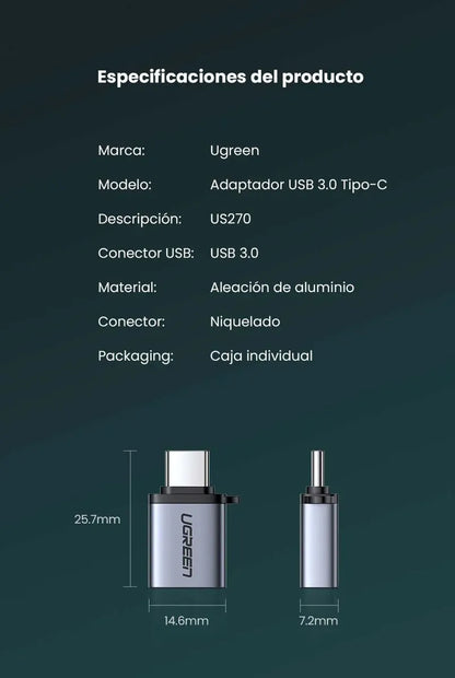 Adaptador Otg Usb C 3,1 A Usb 3,0 Dato Thunderbolt 3 Ugreen Gray