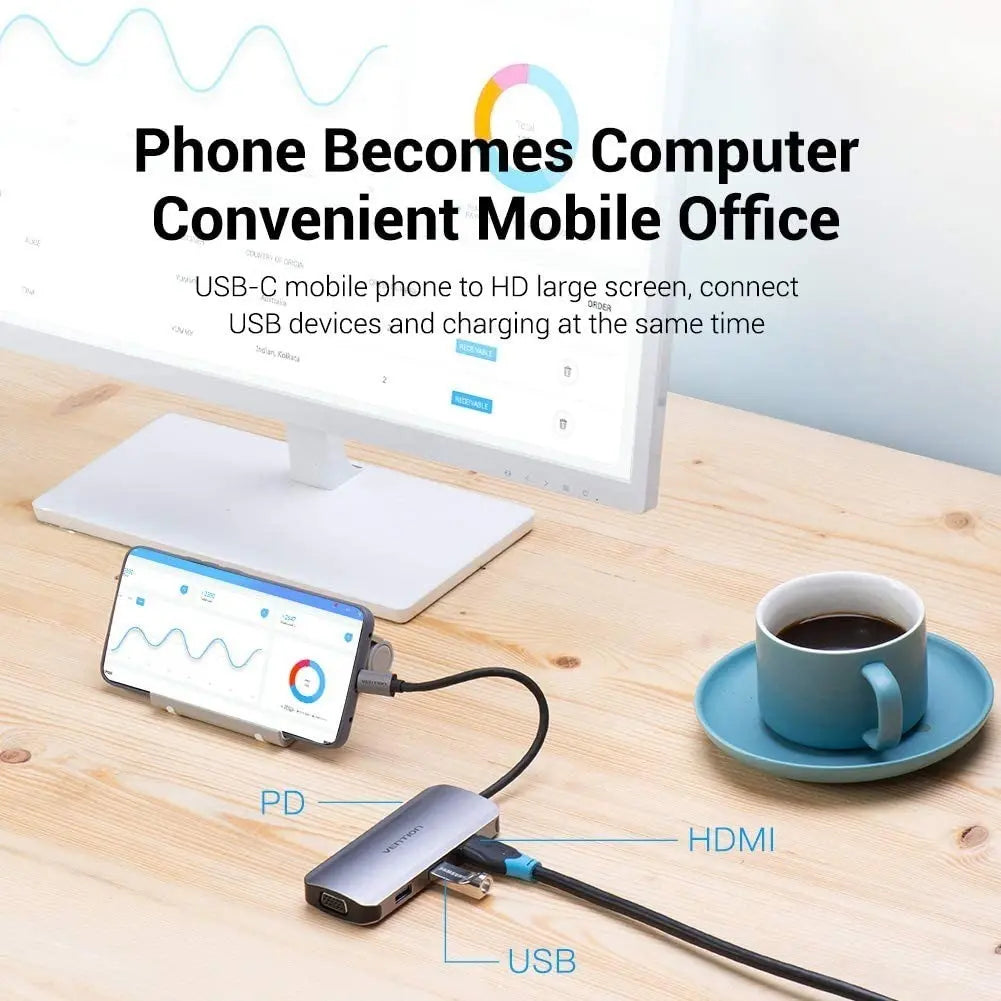 Hub Multipuerto 5 En 1 Usb C Hdmi Vga Usb Con Carga Vention
