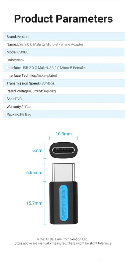 Adaptador Usb C Macho A Micro Usb Hembra Vention Negro