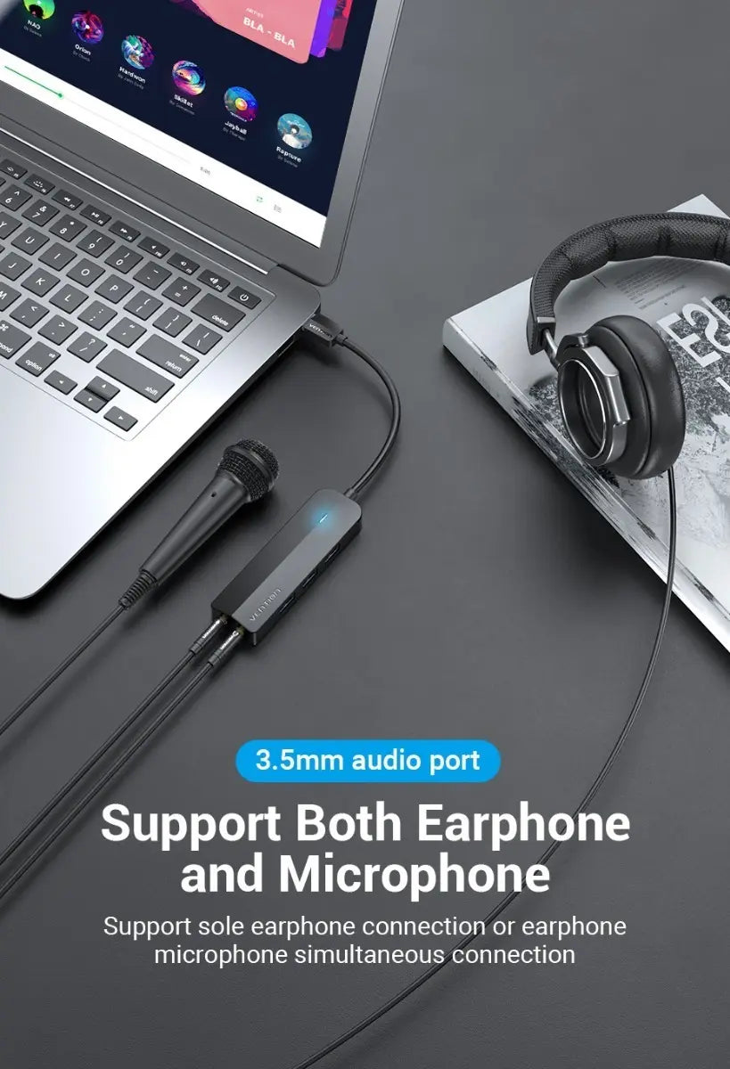 Hub Multipuerto 3 Puertos Usb 3,0 Tarjeta De Sonido Vention Negro