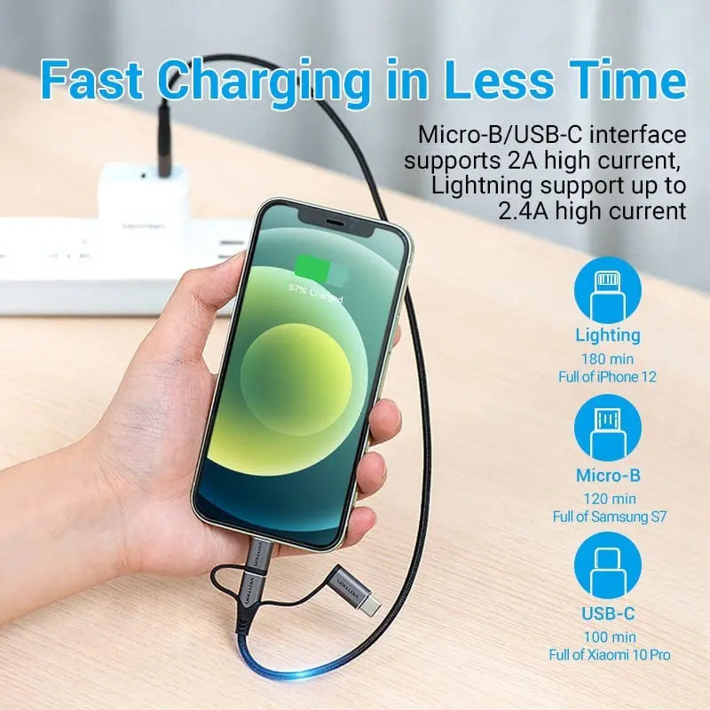 Cable Usb 3 En 1 Micro Usb + Usb C Lightning 1,5 M Vention Negro