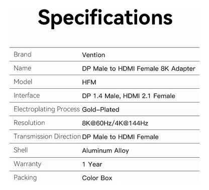 Adaptador Ultra 8k Display Port Macho A Hdmi Hembra Vention