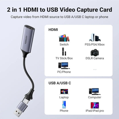 Adaptador Vídeo Hdmi Hembra A Usb + Usb-c 4k 60hz Ugreen