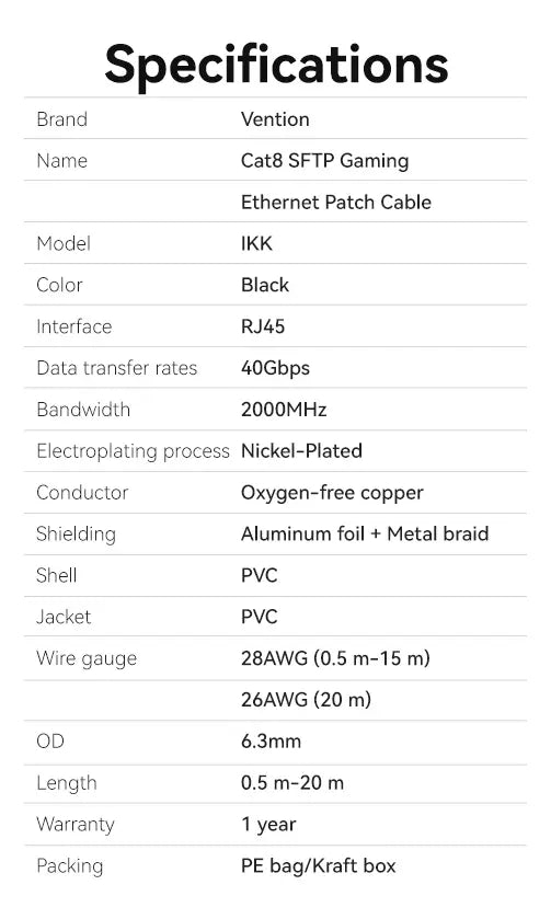 Cable De Red Cat8 Patch Cord Sftp 5 Metros 2000mhz Vention