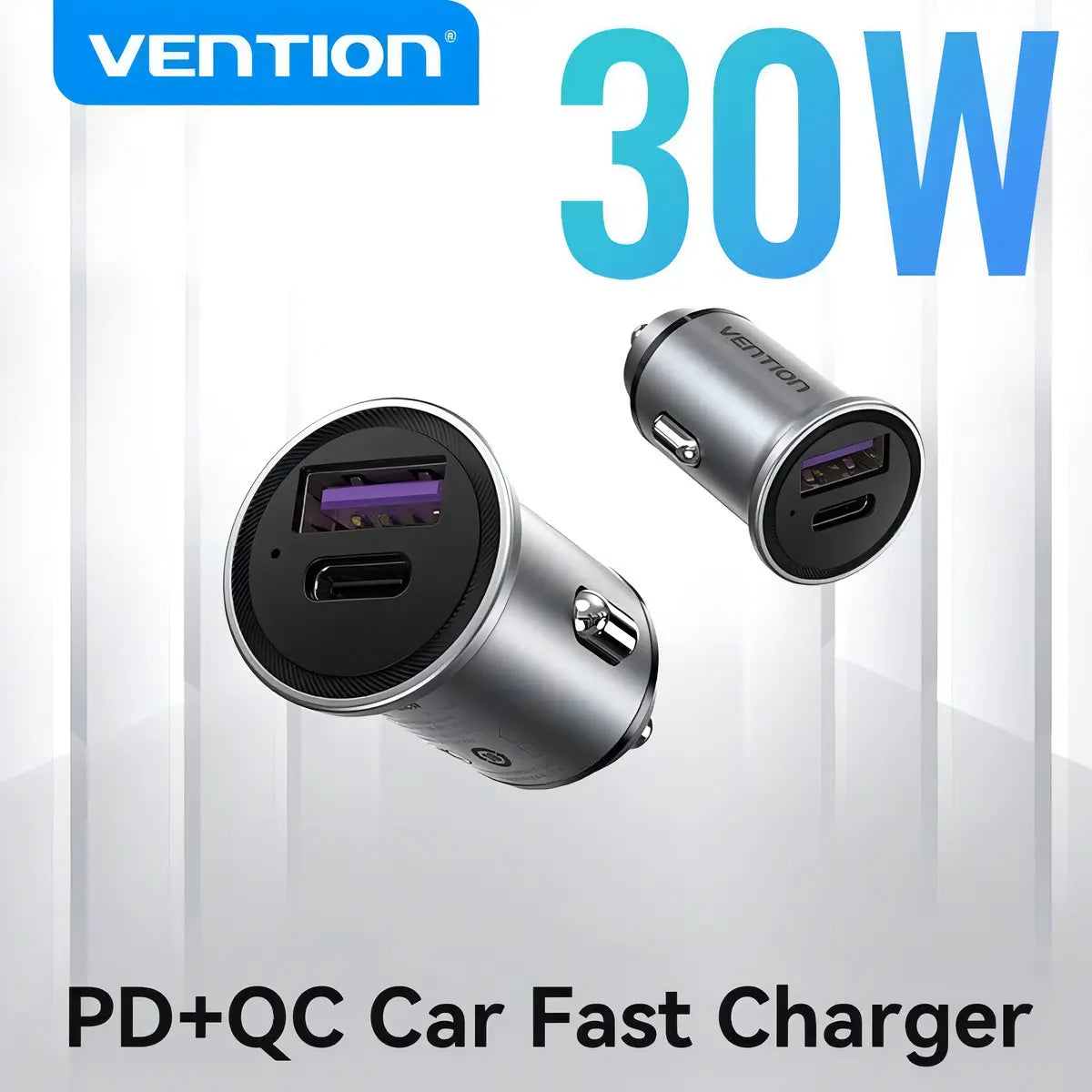 Cargador Para Auto Doble Usb 3,0 Usb C 30w Vention Plateado