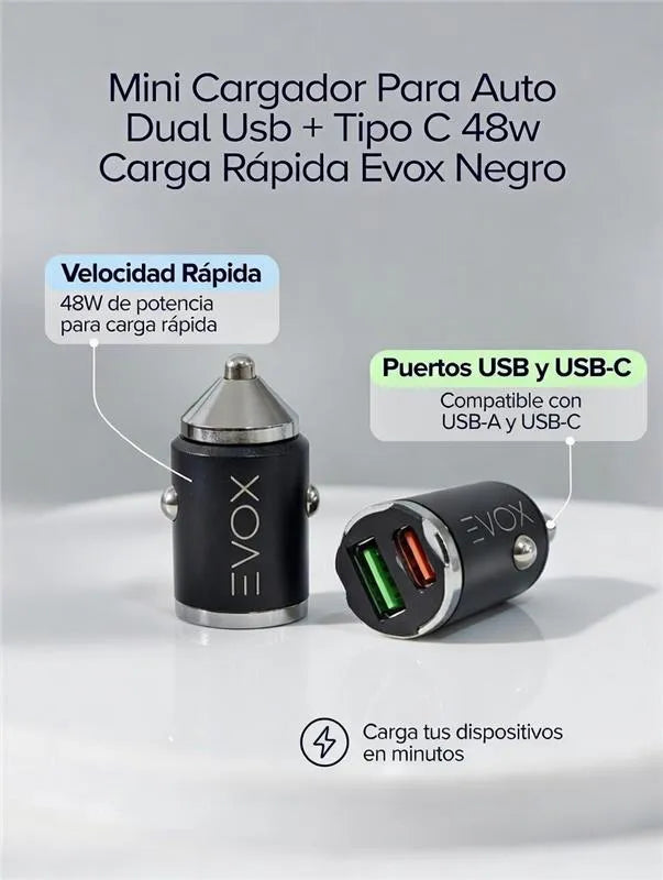 Cargador Para Auto Dual Usb + Tipo C 48w Carga Rapida Evox Negro