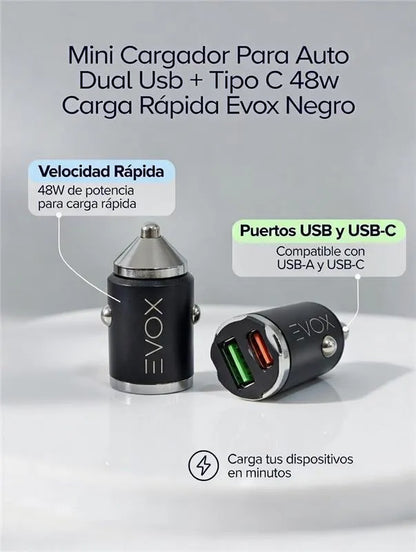 Cargador Para Auto Dual Usb + Tipo C 48w Carga Rapida Evox Negro