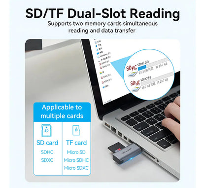 Lectora De Tarjeta - 2 En 1 - Usb 3,0 - Sd Tf Dual Vention Gris