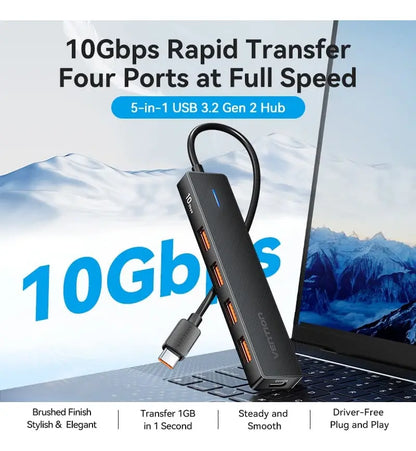 Hub Usb Tipo A 3,2 Otg 5 En 1 10gbps 15cm Para Disco Vention Negro