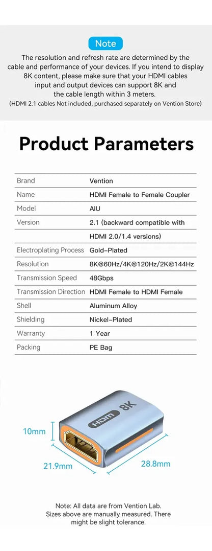 Adaptador Union Hdmi 8k Hembra Hembra Cable Extensor Vention