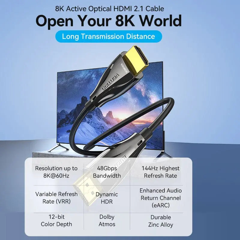 Cable Hdmi 2,1 Optico 8k 60hz 10m 48gbps Aluminio Vention