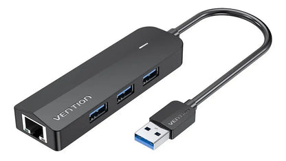 Hub Adaptador 3 Puertos Usb 3,0 + Red Lan Rj45 + Pd Vention Negro