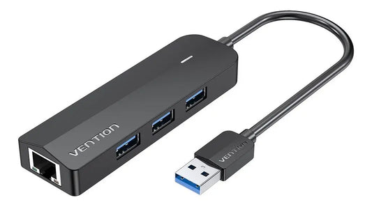 Hub Adaptador 3 Puertos Usb 3,0 + Red Lan Rj45 + Pd Vention Negro