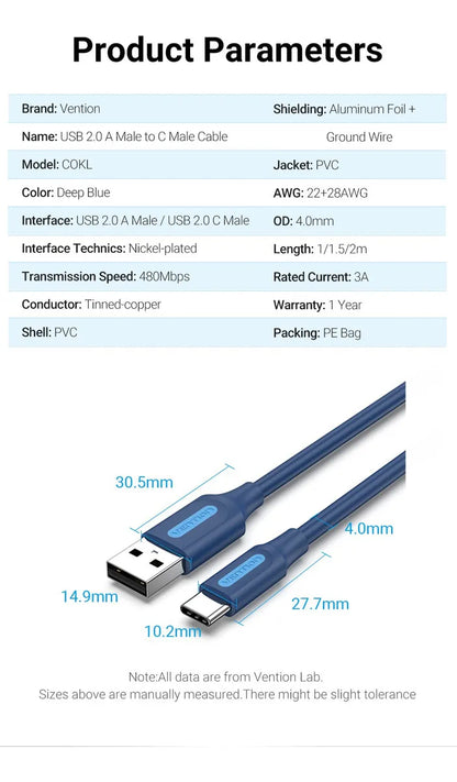Cable Usb A Usb-c 2,0 3a 1,5m Azul Carga De Celular Vention Azul