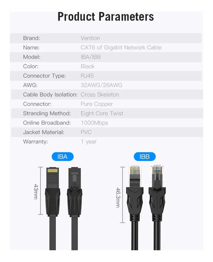 Cable Patchcord Cat 6 Vention Original 3 Metros Ethernet Gigabit Calidad,-
