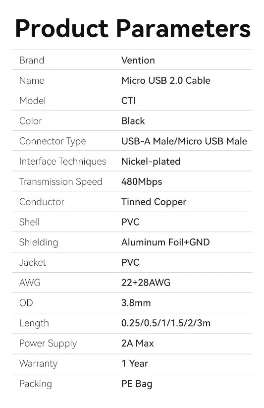 Cable Usb A Usb Micro B Carga Y Datos 2a 1,5m Vention Negro