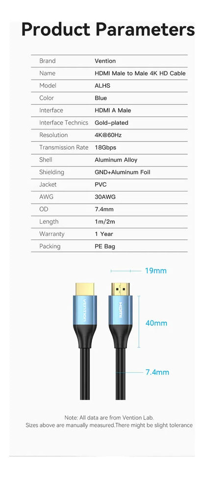 Cable Hdmi 2,0 - 4k 60hz 3d Hdr Hdcp 18gbps 1 M Azul Vention