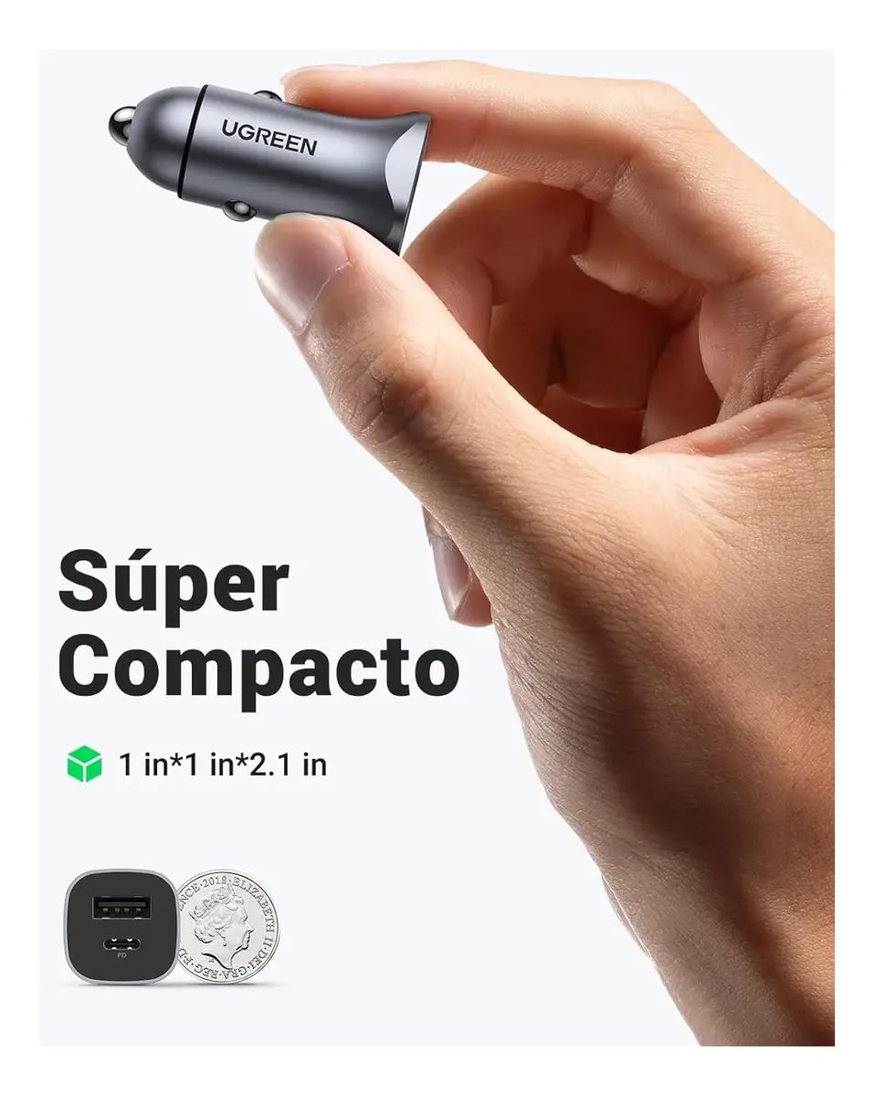 Cargador Auto Carga Rapida 2 Puertos Usb + Usb-c 30w Ugreen Gris