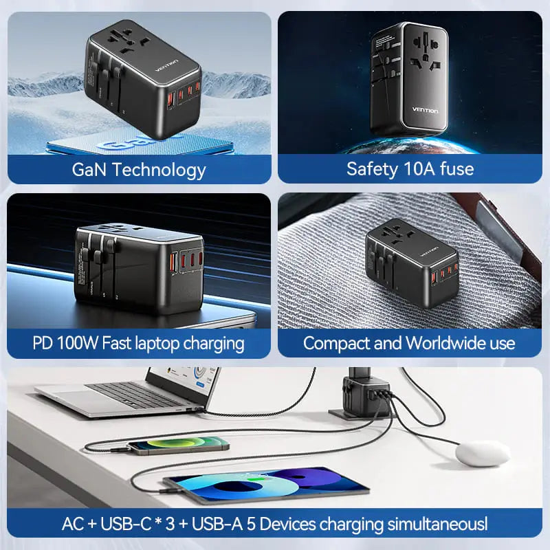 Cargador Pared Universal Usb Celular Pc 120w Bivolt Vention Negro