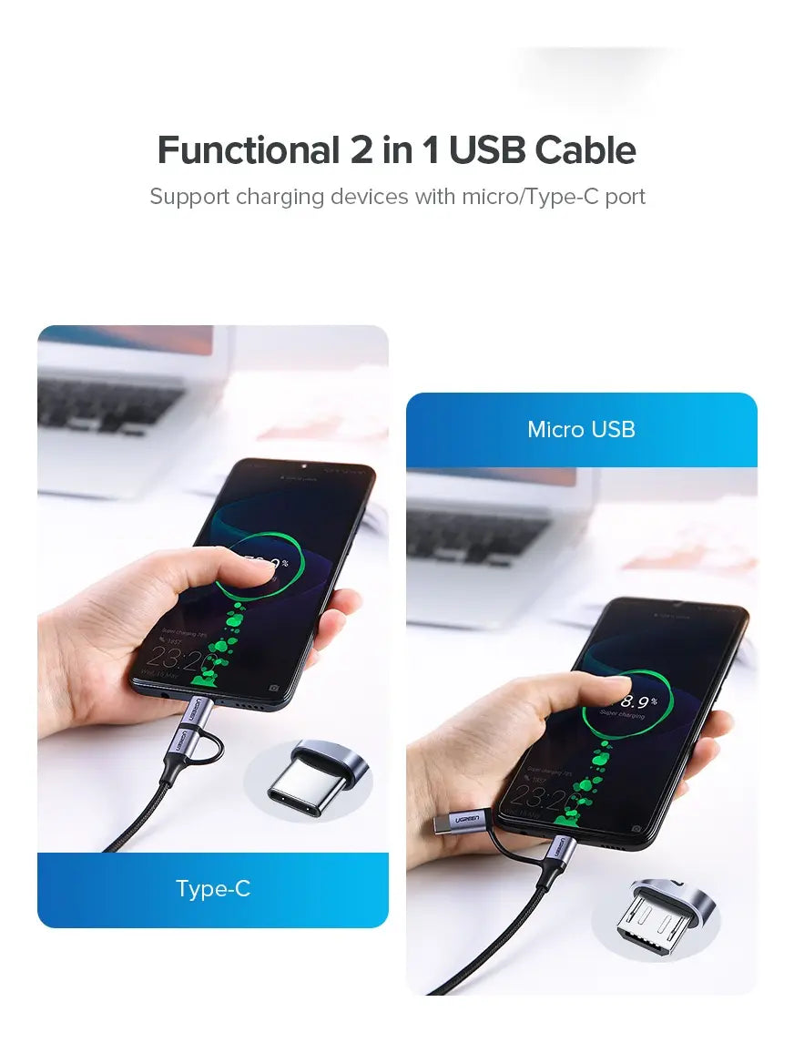 Cable De Carga 2 En 1 Usb A Usb C + Micro Usb 1m Ugreen Negro