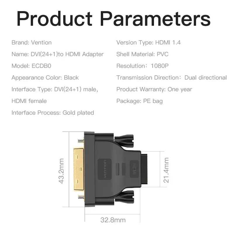 Adaptador Premium Dvi (24+1) Macho A Hdmi Hembra - Vention