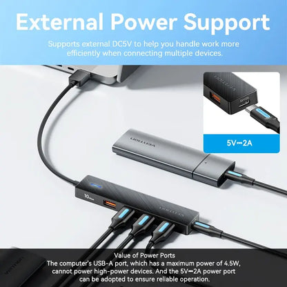 Hub 5 En 1 Usb A 4 Usb 3,2 Gen 2 Y Usb C 0,15 Metros Vention Negro