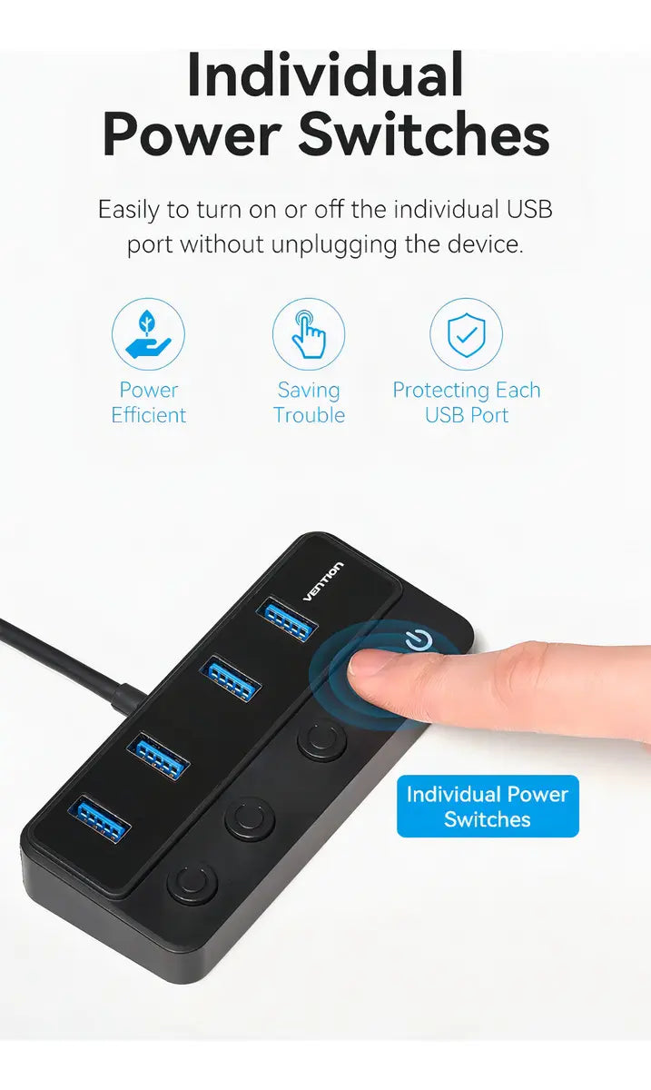 Hub Usb 3,0 4 Puertos Switch De Encendido 5gbps Vention Negro
