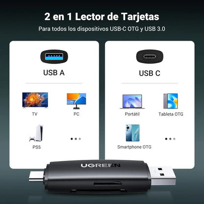 Lector Tarjeta Sd Tf 2 En 1 Usb-c Usb 3,0 Dual Negro Ugreen Negro